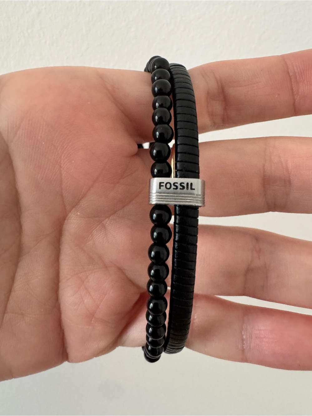 Fossil men’s Leather and Bead Bracelet with Silver Accents - 8.5 inches